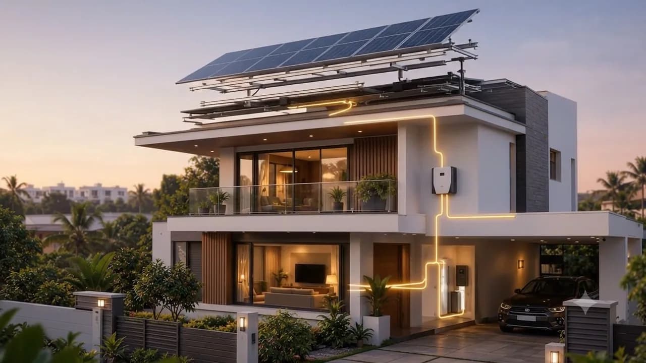 A two-storey home in golden evening light with a rooftop solar array and wall-mounted inverter.